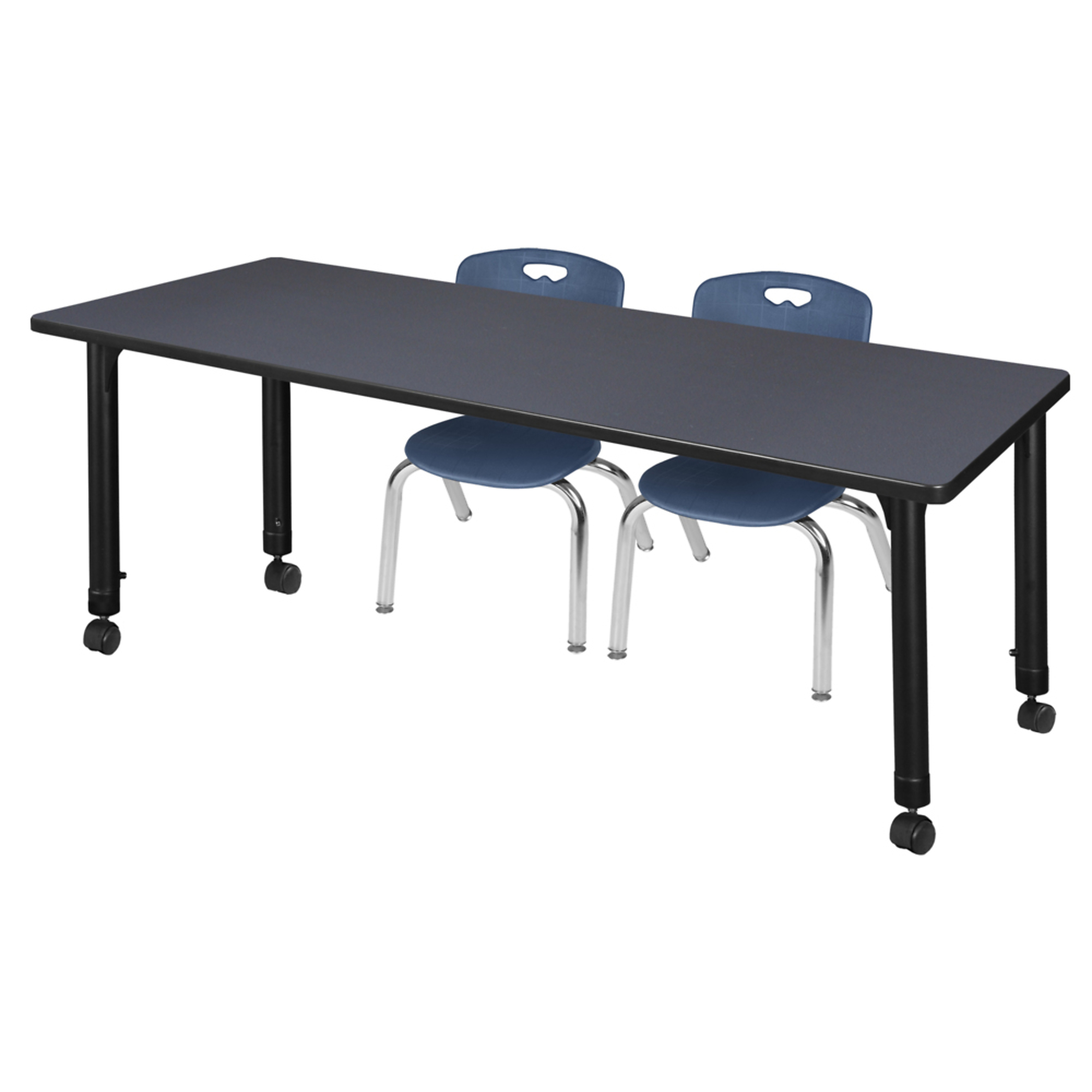 Regency Kee Mobile Adjustable Classroom Table with 2 Andy Stack Chairs — 66in. x 30in., Grey/Navy Blue, Model# MT6630GYAPCBK45NV